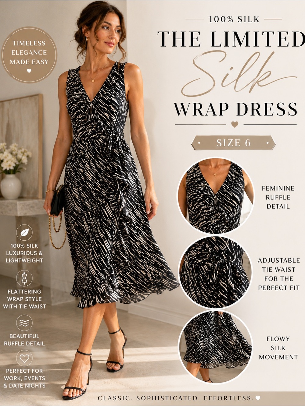The Limited 100% Silk Zebra Print Ruffle Wrap Midi Dress Size 6